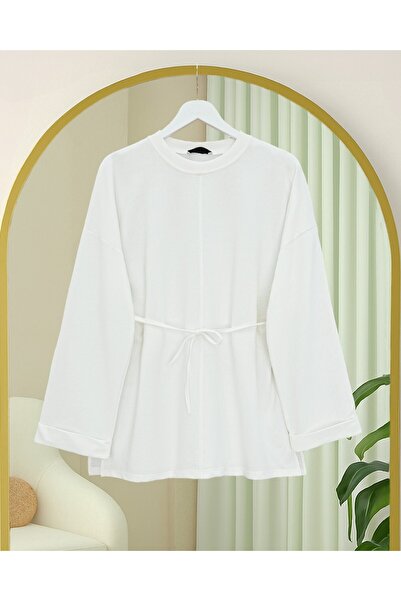 Modamorfo Round Neck, Front Ruched, Rope Detail, Sleeves Folded, Slit Sweatshirt - White