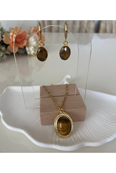 TARZ-I TAKI ÇELİK Zincir 50 cm Kahve KAPLAN GÖZÜ Taşı KOLYE & KÜPE SETİ Anne Kadın Sevgili Özel Gün Hediyesi