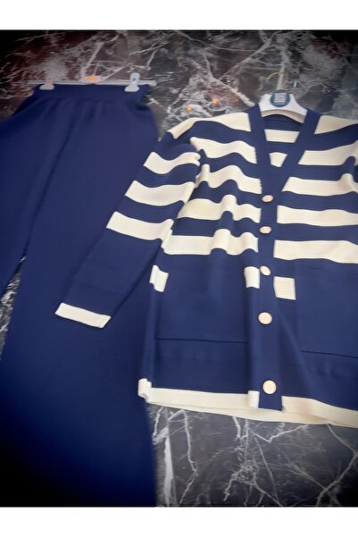 MY QILAM Γυναικείο Σετ Χιτζάμπ Κορυφαίο και Κάτω Μέρος Ριγέ με λαιμόκοψη σε σχήμα V με χρυσό κουμπί Λεπτομερές Ζακέτα Παντελόνι Πλεκτό Σετ Ναυτικό Μπλε