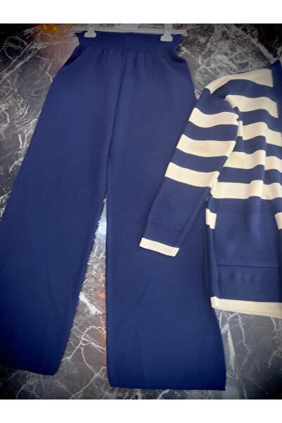 MY QILAM Γυναικείο Σετ Χιτζάμπ Κορυφαίο και Κάτω Μέρος Ριγέ με λαιμόκοψη σε σχήμα V με χρυσό κουμπί Λεπτομερές Ζακέτα Παντελόνι Πλεκτό Σετ Ναυτικό Μπλε