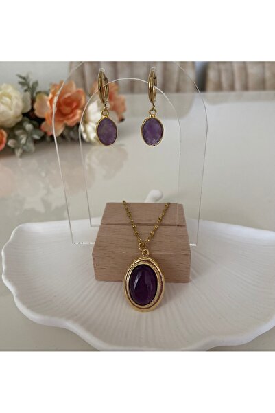 TARZ-I TAKI ÇELİK Zincir 50 cm Mor AMETİST Taşı KOLYE & KÜPE SETİ Anne Kadın ...