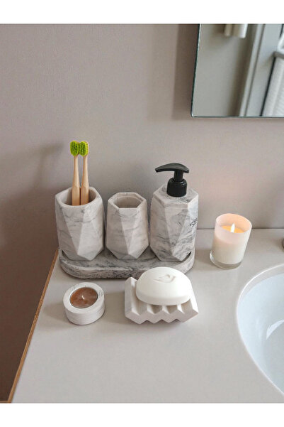 Trust Stone Set de baie din beton cu model de marmură, dozator de săpun lichi...