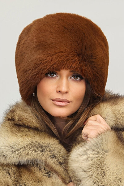 Mağazam Online قبعة شتوية نسائية من الفرو الصناعي المخملي الكثيف - توسكانا بني داكن