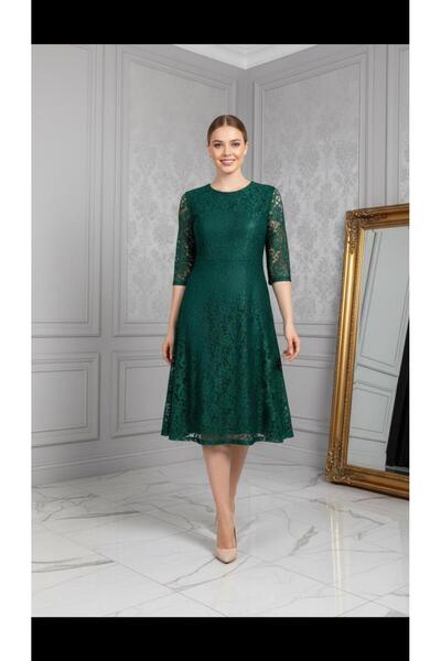 Nidya Moda Büyük Beden Kloş Yeşil Dantel Abiye Elbise-4036y