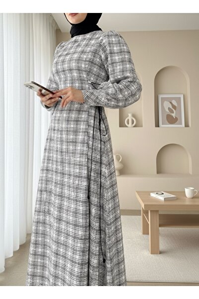 Modamorfo Round neck tweed dress with side laces -white