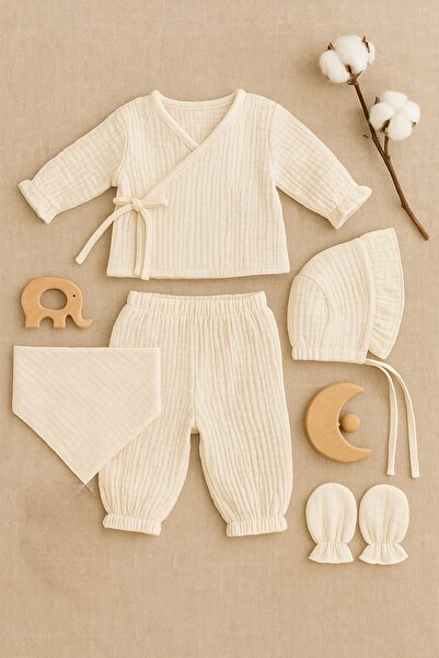 Heianmono Kids 4-Layer Muslin Newborn Set Hospital Release (Bottom Top Baby Clothes-Gloves-Hat-Triangle Bib)