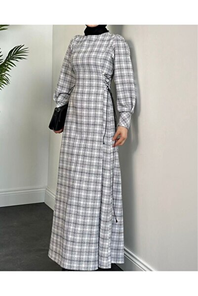 Modamorfo Round neck tweed dress with side laces -white