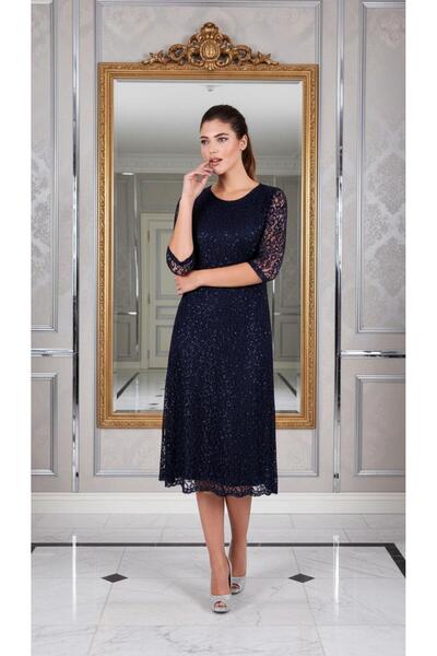Nidya Moda Büyük Beden Simli Lacivert Dantel Kloş Elbise 4036yl