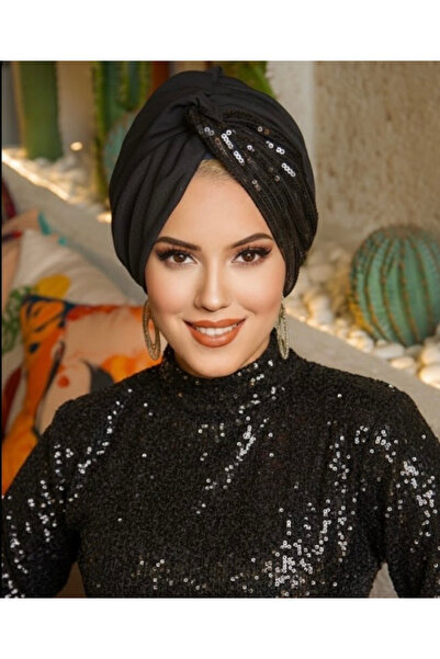Aişe tesettür Siyah Payetli Burgu Model Tesettür Abiye Bone