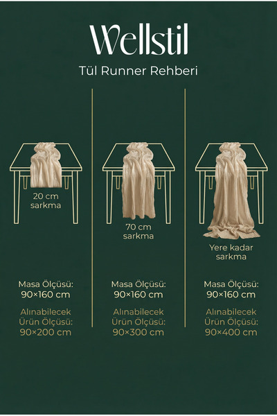 Wellstil Nuvé | %100 Pamuk Tül Runner, Bohem, Düğün Nişan Organizasyon Masa Örtüsü 90 x 300 cm Bej