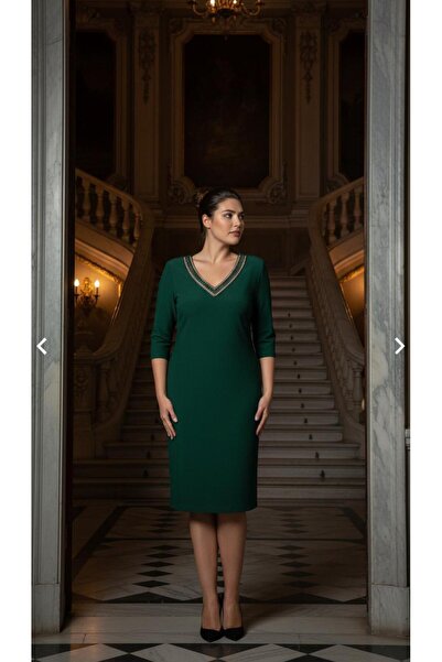 Nidya Moda Büyük Beden Yeşil V Taşlı Abiye Elbise 4039y