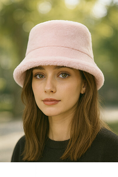 Butik Pembe Kadın peluş kova model balıkçı bucket şapka (standart içi astarlı)