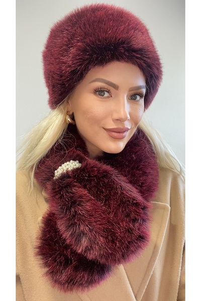 Muzky Artificial fur hat and scarf, burgundy (one size)