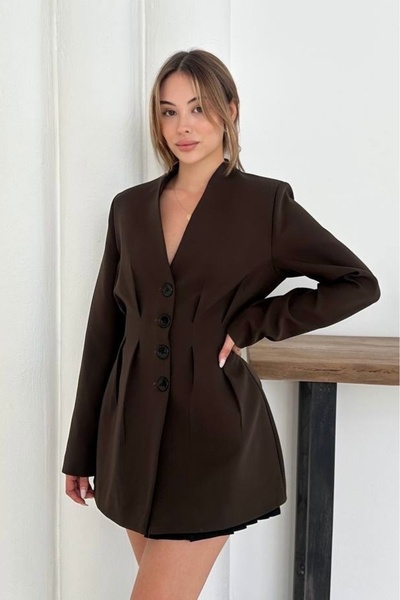 GM Butikk Women's New Season Deep V Neck Long Sleeve Mini Blazer Jacket Dress Pleated Detail Women's Dress