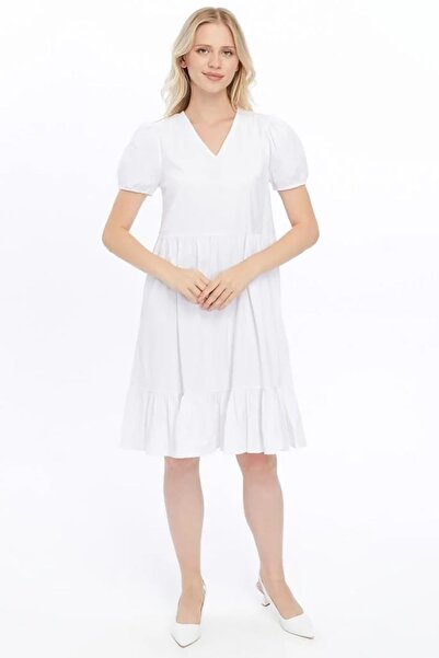 Apsen Collection فستان نسائي أبيض من Apsen بياقة على شكل V وحزام مطاطي من الق...