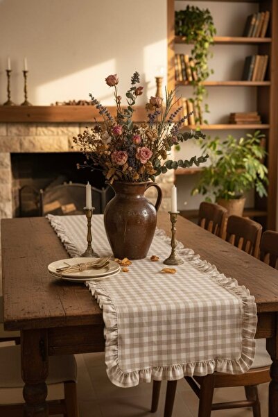 vintagetasarım Runner în carouri cu volane Vintage Bej Crem Duck Linen 40x130cm