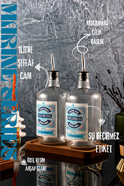 TheBRo 1 Litre Marine Serisi Ahşap Stantlı Şeffaf Zeytinyağı Şişes ve Ayçiçek...
