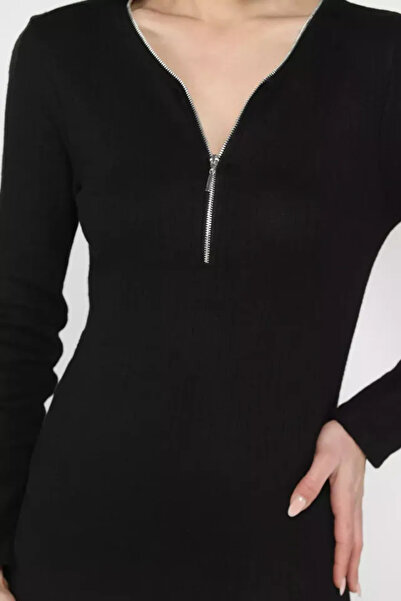 Zerenyus Corded Fabric Zippered Fleece-Lined Dress Black