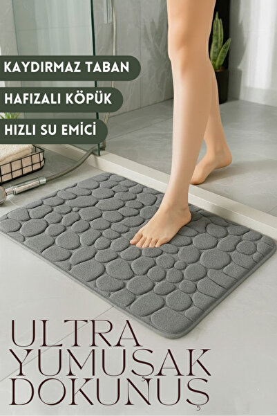 PooleMark Kaydırmaz Banyo Paspası Hafızalı Köpük Süper Emici Taş Desenli Gri ...