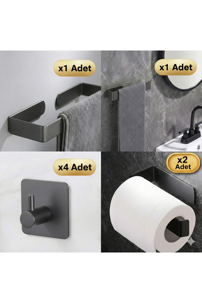 Staal Antrasit Banyo Askı Seti – 2’li Havluluk Tuvalet Kağıtlığı ve 4’lü Born...