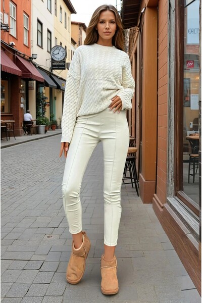 Pasaklı Giyim Women's Ecru Leggings Pants, Elastic Waist at Back, Stretchy 3655220