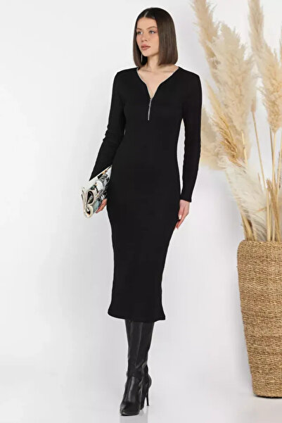 Zerenyus Corded Fabric Zippered Fleece-Lined Dress Black