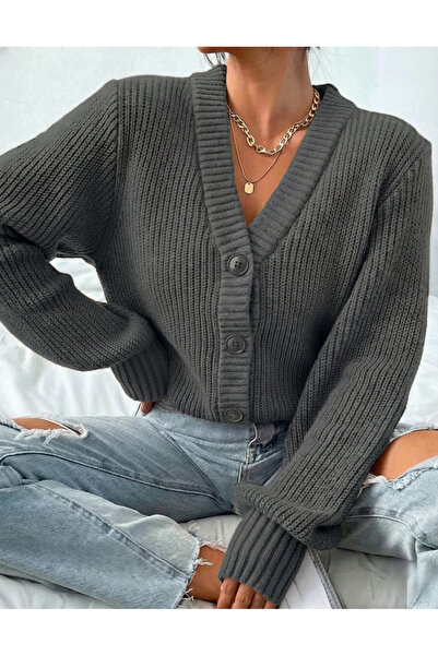 QETEENN سترة نسائية محبوكة بأزرار على شكل حرف V قماش مجدّل