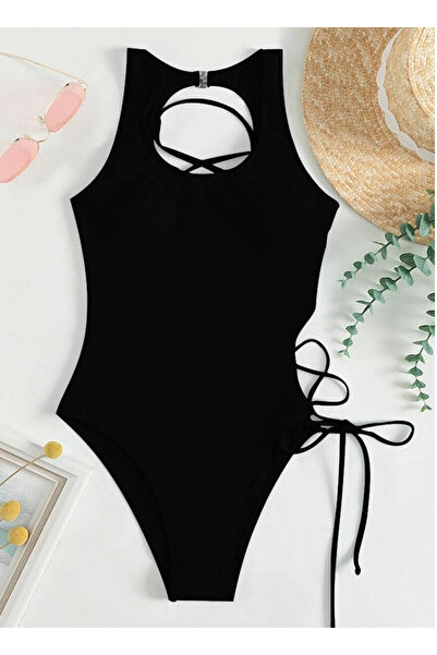 Ladyrosi Costum de baie negru dintr-o singură piesă pentru femei cu detaliu frânghie