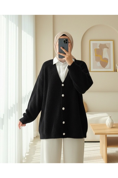 Modamorfo Buttoned Front Bearded Loose Knit Cardigan - Black