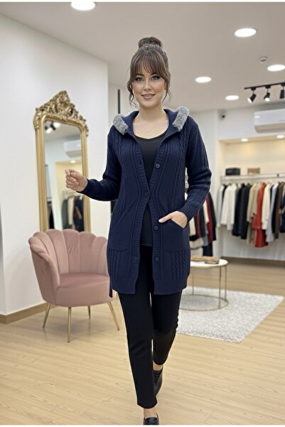 rushana Women's Hooded Furry Pocket Knitwear Cardigan