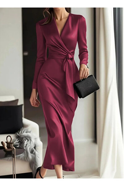 BÜŞRA TEZEL MODA Women's Long Sleeve Double-Breasted Collar Belted Waist Long Satin Dress