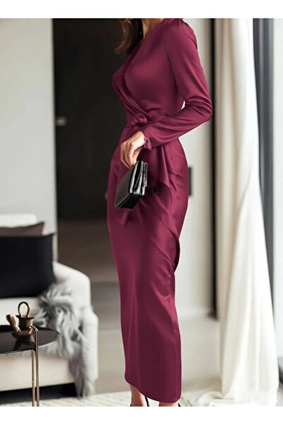 BÜŞRA TEZEL MODA Women's Long Sleeve Double-Breasted Collar Belted Waist Long Satin Dress