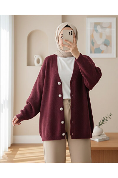 Modamorfo Buttoned Front Bearded Casual Knit Cardigan - Burgundy