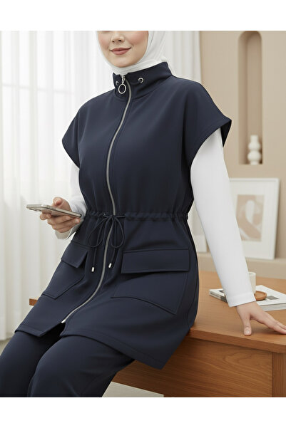 Modamorfo Double Pocket Zippered Rubber Detailed Short Sleeve Scuba Suit - Navy