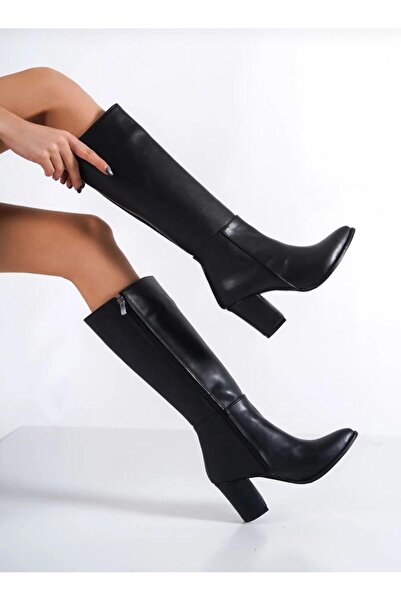 Buem Women's Zippered Below-The-Knee Heeled Long Boots Black