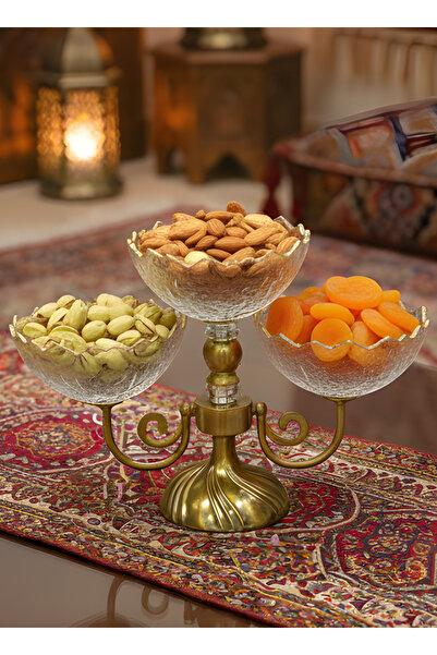 ALQANNAS 3-Bowl Crystal Glass Candy & Snack Holder with Gold Rim
