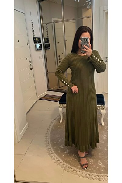 ABBA Knitwear Corded Fabric Crew Neck Dress Khaki