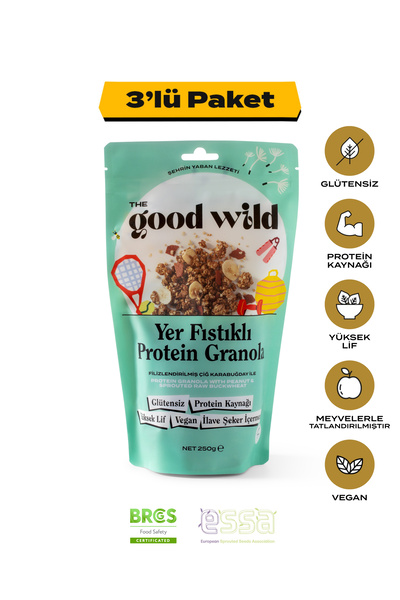 THE GOOD WİLD Yer Fıstıklı Protein Granola | İlave Şekersiz | Glutensiz Atıştırmalık | Vegan | 3'lü Paket