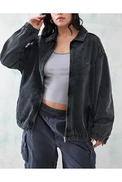 september island Washed Black Unlined Velvet Bomber College Coat Jacket