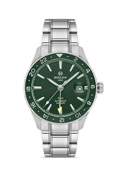 Hislon Men's Silver-Green Steel Case Round Dial Metal Band Wrist Watch Quartz Mechanism Analog Display