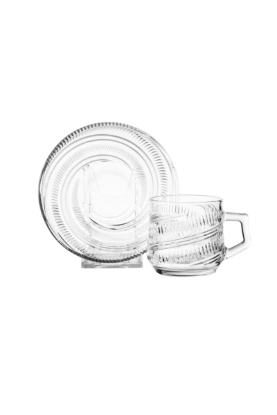 Dania ✨ Luxury Clear Glass Cup and Saucer Set – Elegant Engraved Design | 6 Pieces – 6.5cm Height ✨