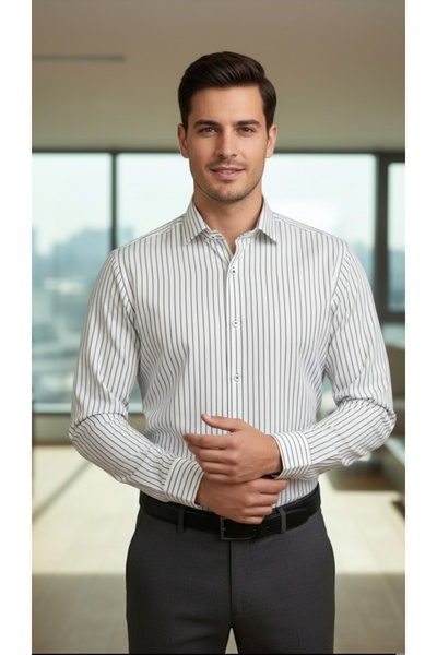 ELİTPARK GÖMLEK GÜNCÜOĞLU ДОВГОРУКА СТРІЧКОВАНА СЛИМ ФІТ ЧОЛОВІЧА СОРОЧКА