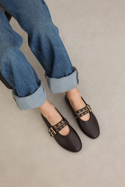 moon glow Γυναικείες μπαλαρίνες Bitter Brown Ballerina Studded Double Buckle |   Καθημερινή άνετη επίπεδη σόλα Mary Jane Fashion