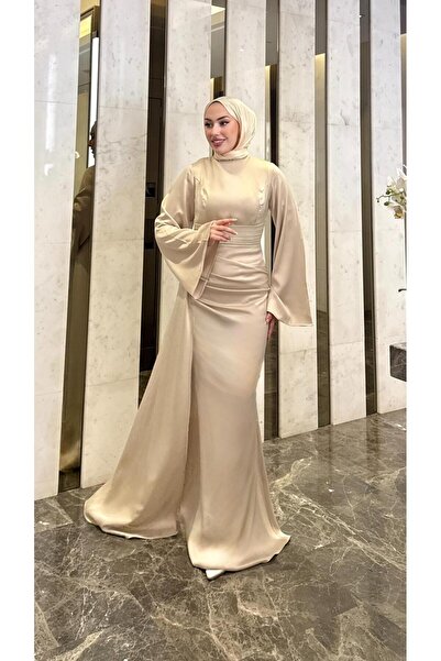 modadeywearst Drape Detaylı Kuyruklu Saten Tesettür Abiye