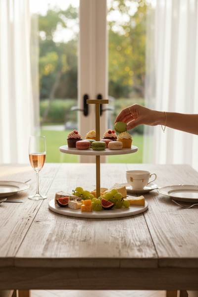 Akayev Marble White 25 cm Matte Gold Two-Tier Presentation Plate