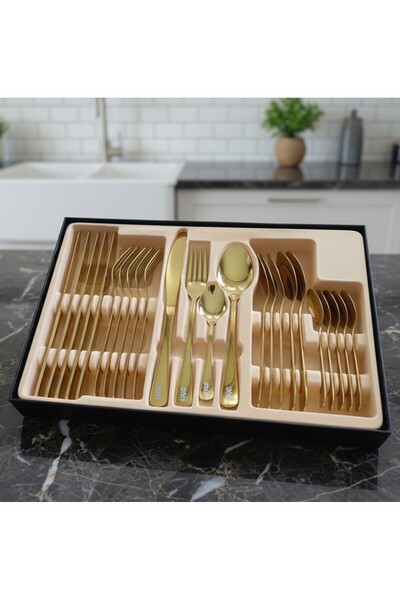 YAH Creation YAH 24-Pc Luxury Golden Flatware Set | Mirror-Polished Stainless Steel Service for 6 (Classic)