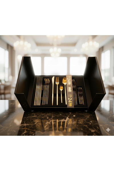 YAH Creation طقم أدوات مائدة فاخر من YAH، ٢٤ قطعة، ذهبي | ستانلس ستيل مصقول كالمرآة، مناسب لستة أشخاص (عصري)