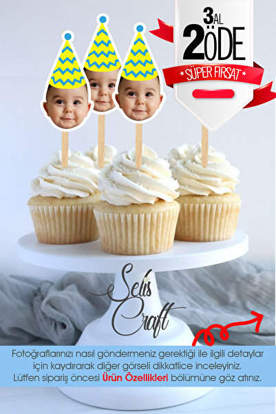 SelisCraft Kişiye Özel Fotoğraflı Parti Doğum Günü Cupcake Pasta Kürdanı Bebek Çocuk Dekor Süslemesi 12 adet