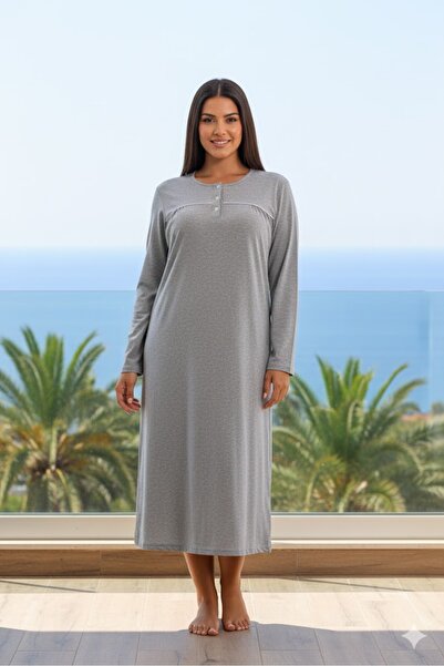 Lohusa Dünyasi Women's Plus Size Long Sleeve Piping Oversized Single Nightgown
