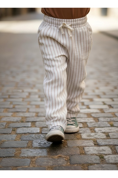 Bondberro Καφέ ριγέ παντελόνι μουσελίνας για αγόρια 100% βαμβάκι